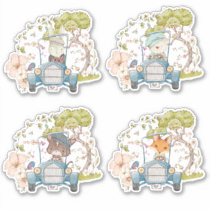 Cute 4 Woodland Animals Vintage Car Foliage boy