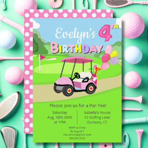 Cute 4th Birthday Polka Dot Pink Girly Golf  Invitation