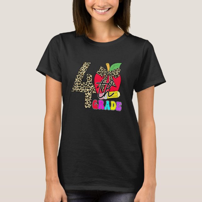 Cute 4th Grade Teacher Students Leopard Apple Back T-Shirt (Front)