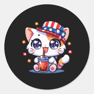 Cute 4th Of July Cat Shirt Girls Kids Kawaii Anime Classic Round Sticker