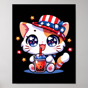 Cute 4th Of July Cat Shirt Girls Kids Kawaii Anime Poster