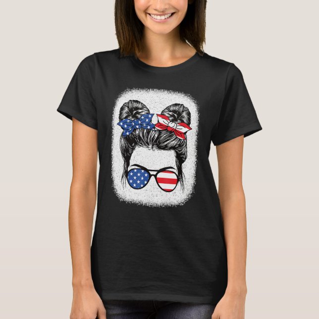 Cute 4th Of July Messy Bun Girl American Flag Patr T-Shirt (Front)