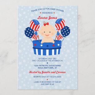 Cute 4th of July Patriotic Baby Girl Baby Shower Invitation