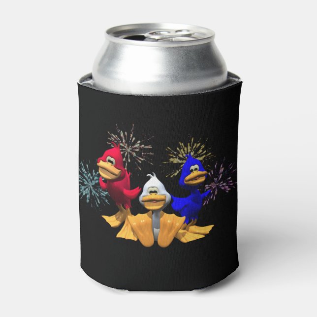 Cute 4th of July Red, White and Blue Ducks Can Cooler (Can Front)