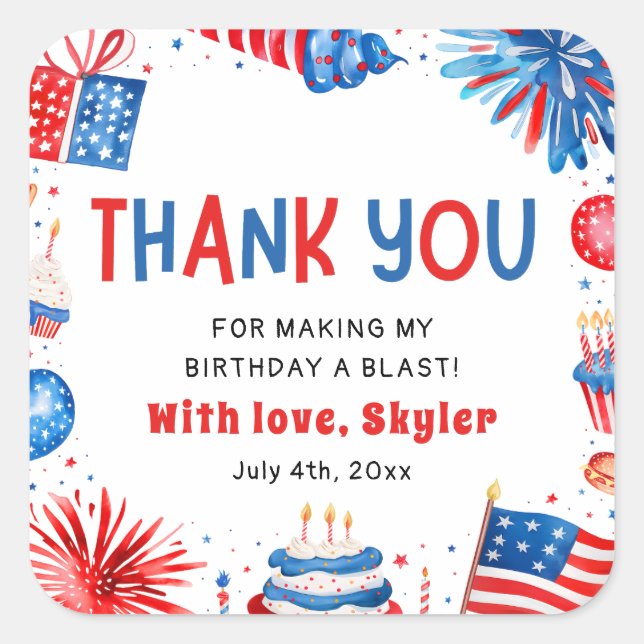 Cute 4th of July Red White Blue Birthday Thank you Square Sticker (Front)