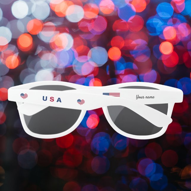 Cute 4th of July Red White Blue Heart Custom Name Sunglasses (Creator Uploaded)
