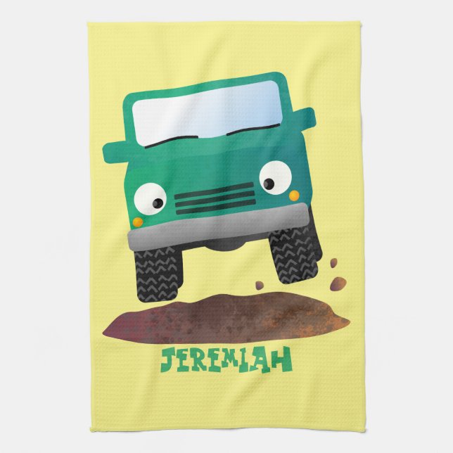 Cute 4X4 offroad vehicle cartoon car Tea Towel (Vertical)
