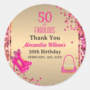 Cute 50& Fabulous High Heels Gold Hot Pink Glitter Classic Round Sticker