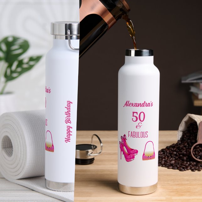 Cute 50th Birthday Hot Pink High Heels Name Gift  Water Bottle (Creator Uploaded)
