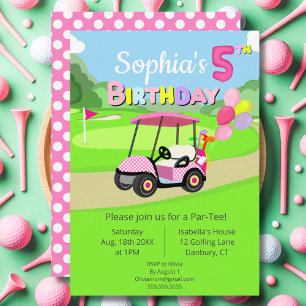 Cute 5th Birthday Polka Dot Pink Girly Golf  Invitation