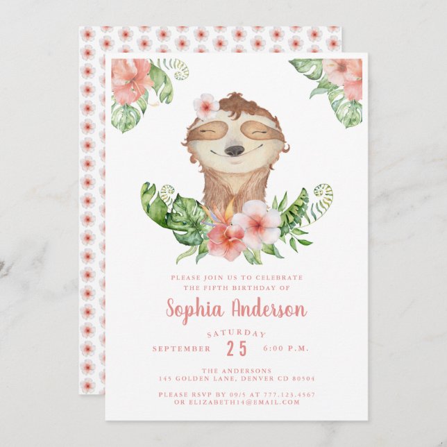 Cute 5th birthday sloth girl invitation (Front/Back)