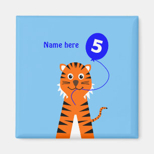 Cute 5th birthday tiger add name blue magnet