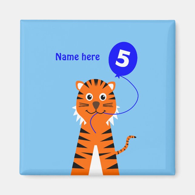Cute 5th birthday tiger add name blue magnet (Front)