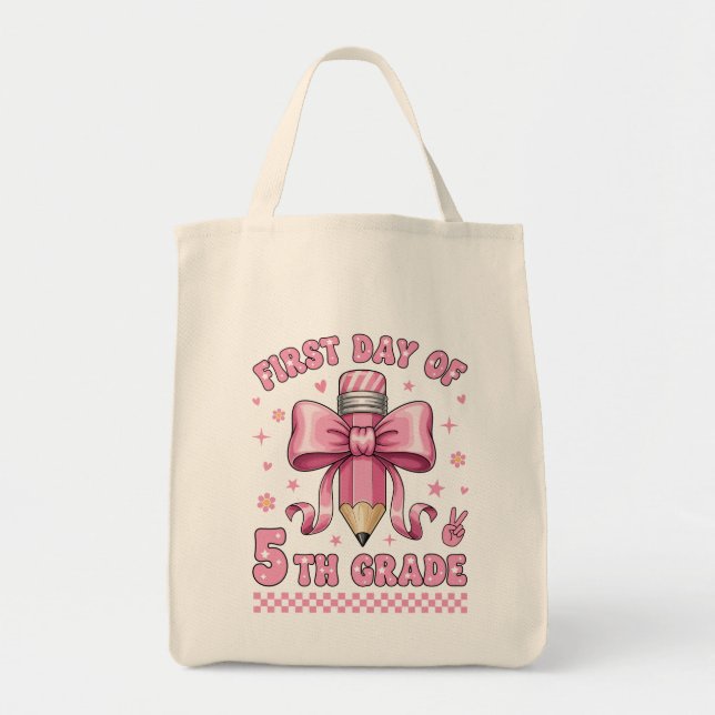 Cute 5th Grade Girl Pink Bow Groovy Pencil Design Tote Bag (Front)