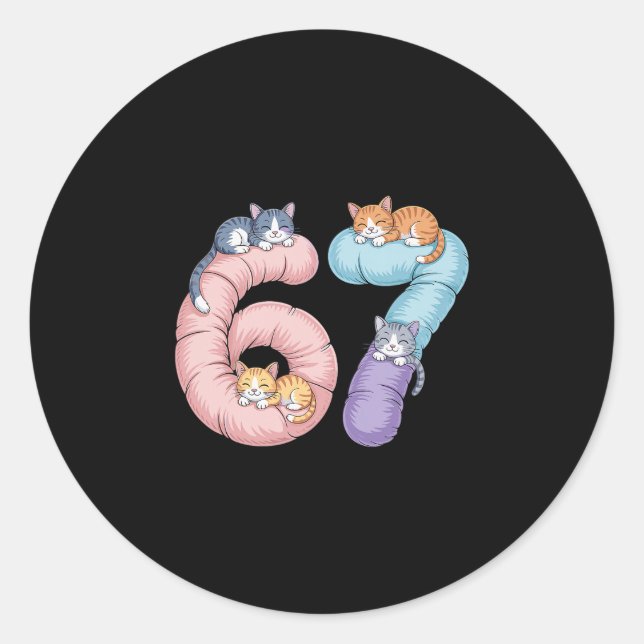 Cute 67 Cat Meme Design  Classic Round Sticker (Front)