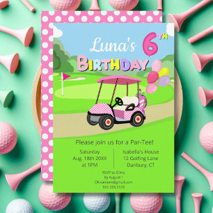 Cute 6th Birthday Polka Dot Pink Girly Golf  Invitation
