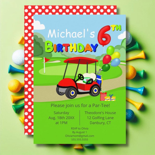 Cute 6th Birthday Red Golf Cart Boy's Invitation (Creator Uploaded)