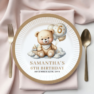 Cute 6TH Birthday Teddy Bear Gold Ivory Plates
