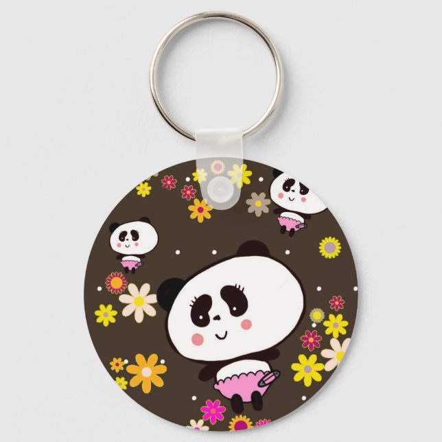 Cute 70s panda Baby Kawaii Doodles by LeahG Key Ring (Front)