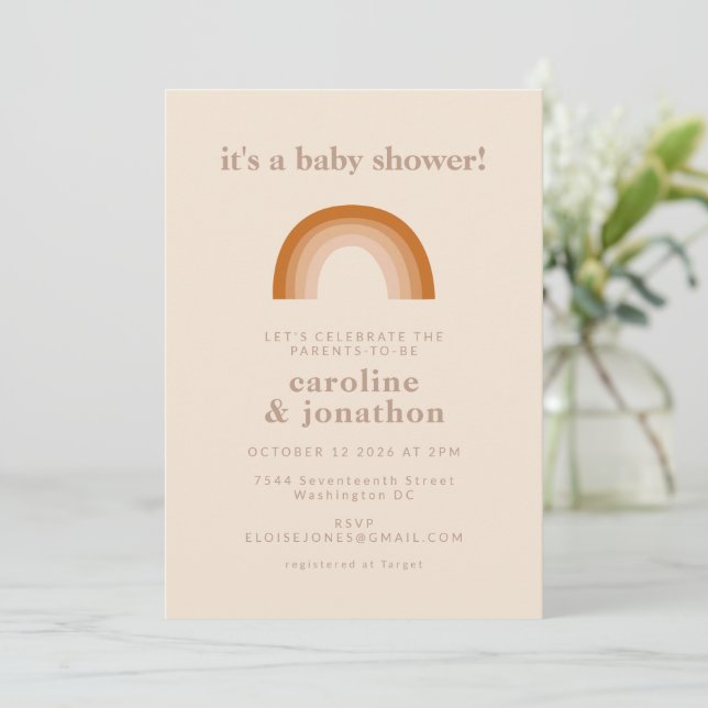 Cute 70s Rainbow Neutral Terracotta Baby Shower  Invitation (Standing Front)