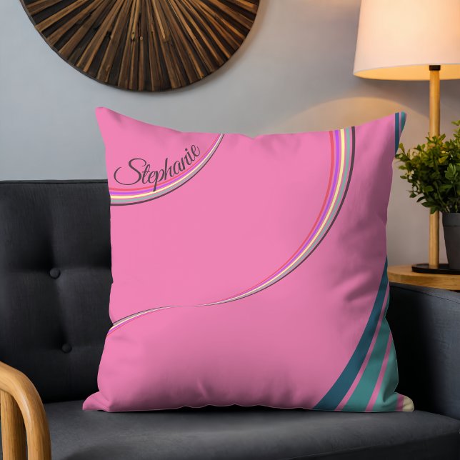 Cute 70s Retro Chic Stripes Personalised Pink Cushion (Creator Uploaded)