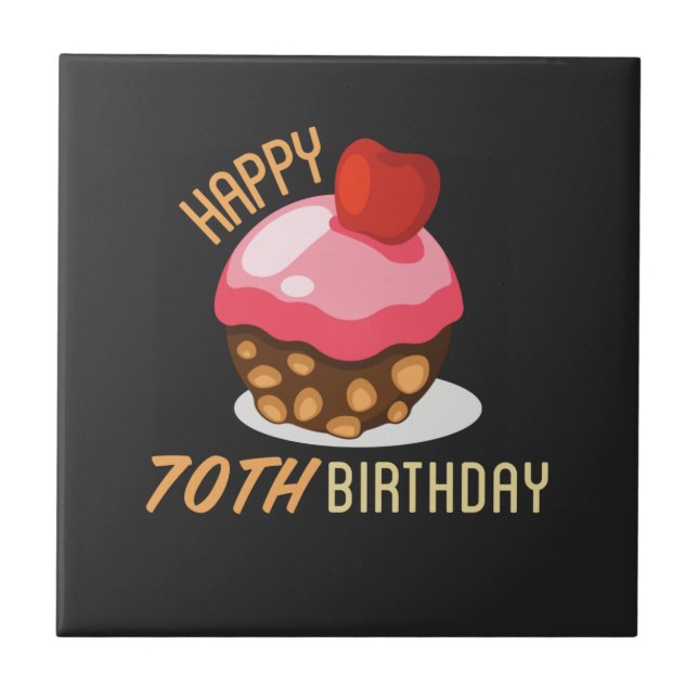 Cute 70th birthday design with chocolate cake ceramic tile (Front)