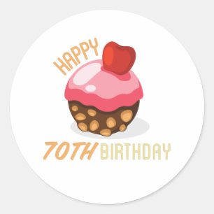 Cute 70th birthday design with chocolate cake classic round sticker