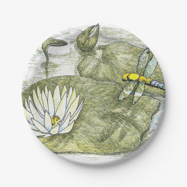 Cute 7" Dragonfly & Lilly Pad Flower Paper Plates (Front)