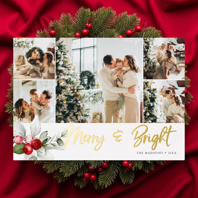 Cute 7 Photo Collage Handwritten Merry And Bright  Foil Holiday Card (Creator Uploaded)