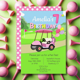 Cute 7th Birthday Polka Dot Pink Girly Golf  Invitation