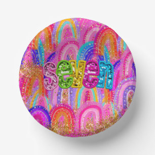 Cute 7th Birthday Rainbow Gold Glitter Paper Plate