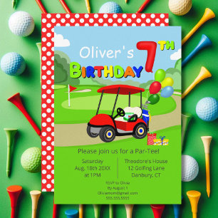Cute 7th Birthday Red Golf Cart Boy's Invitation
