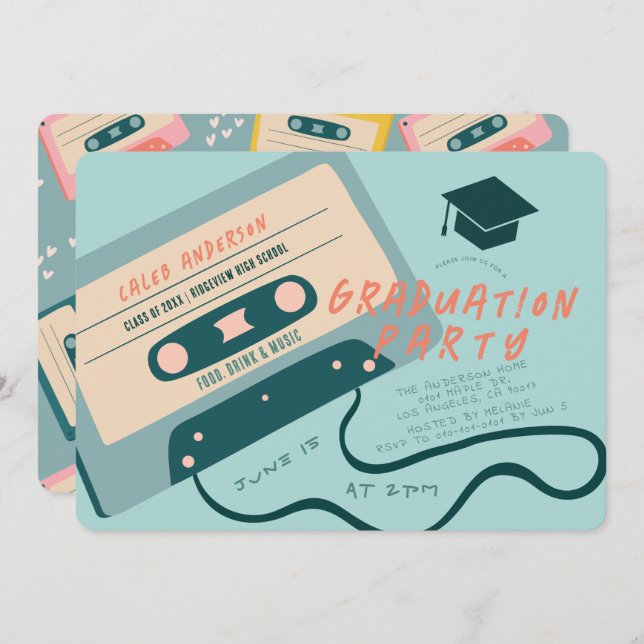Cute 80's Blue Cassette Tape Music Graduation Invitation (Front/Back)
