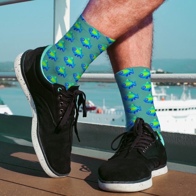 Cute 8 Bit Pixel Art Fish Teal Green Pattern Geeky Socks (Creator Uploaded)