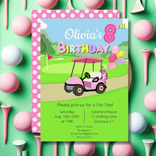 Cute 8th Birthday Polka Dot Pink Girly Golf  Invitation