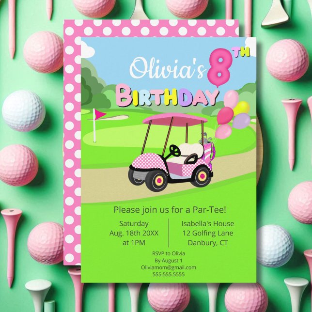 Cute 8th Birthday Polka Dot Pink Girly Golf  Invitation (Creator Uploaded)