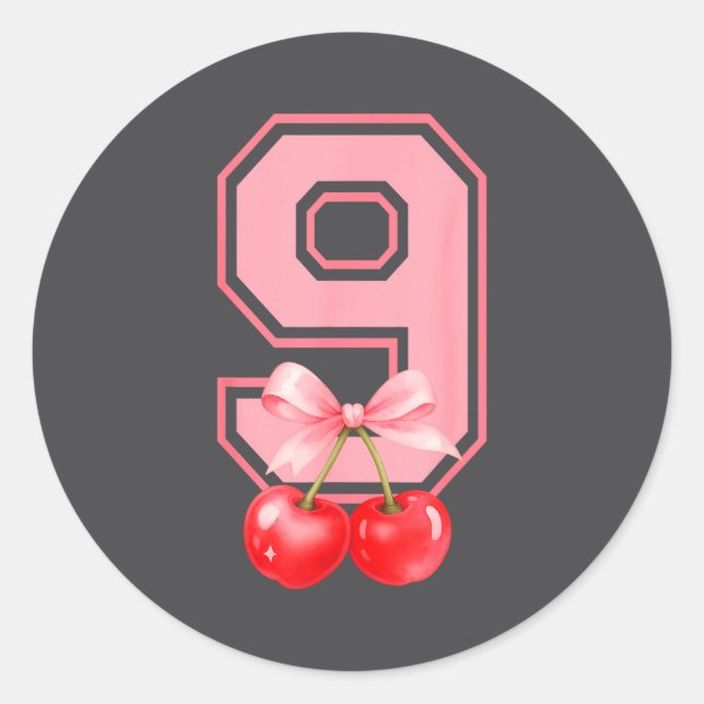 Cute 9th Birthday Girl Nk Cherry Coquette Bow 9 Ye Classic Round Sticker (Front)
