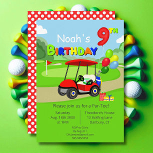 Cute 9th Birthday Red Golf Cart Boy's Invitation