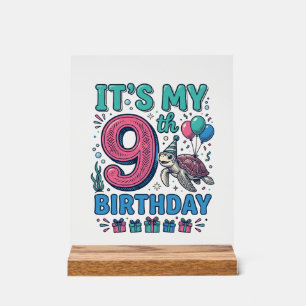 Cute 9th Birthday Turtle Vintage Kids Shirt Design Acrylic Sign