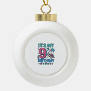 Cute 9th Birthday Turtle Vintage Kids Shirt Design Ceramic Ball Christmas Ornament