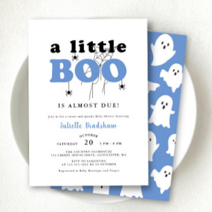 Cute A Little Boo Blue Halloween Boy Baby Shower Invitation