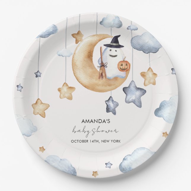 Cute A Little Boo Moon Stars Baby Shower  Paper Plate (Front)