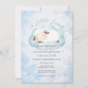 Cute A Little Lamb Baby Shower Blue Cloud Theme Invitation
