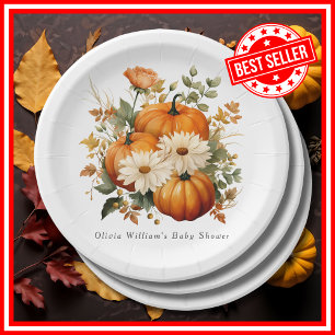 Cute A Little Pumpkin Autumn Floral Baby Shower Paper Plate
