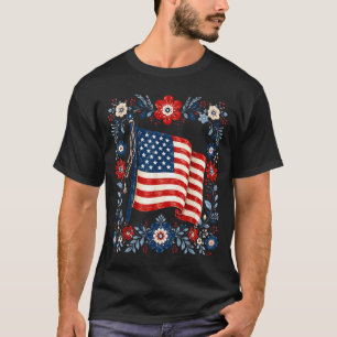 Cute Aamerican Flag Floral Red White Blue 4th Of T-Shirt