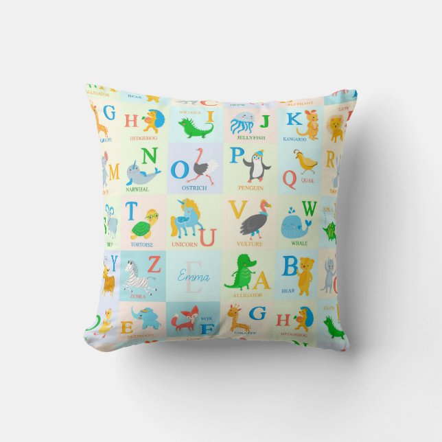 Cute ABC Animal Alphabet Pattern with First Name Cushion (Front)