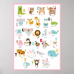 Cute ABCs Colorful Pink Frame Animal Alphabet Poster