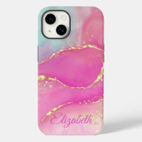 Cute abstract alcohol ink,pink turquoise and gold