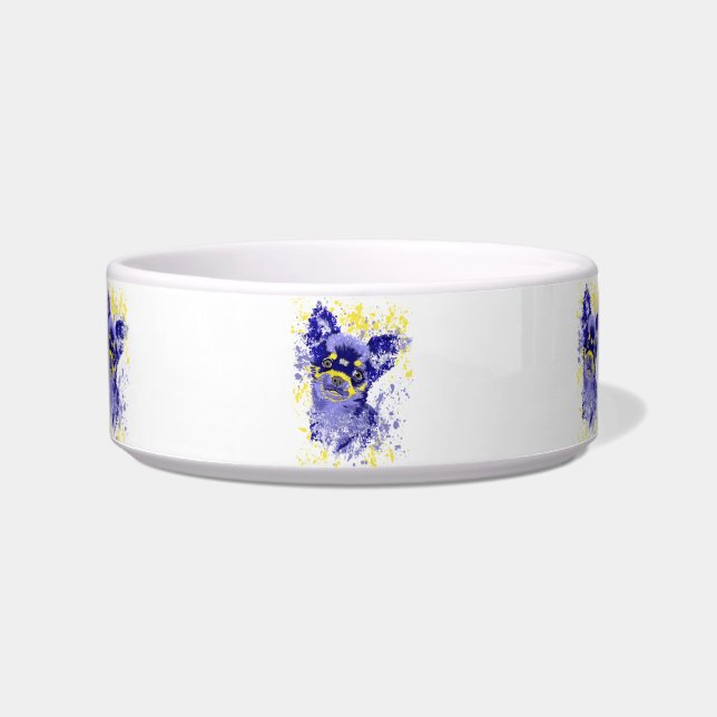Cute Abstract Blue Chihuahua Ceramic Pet Bowl (Front)
