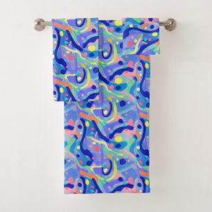 Cute Abstract Blue Pastel Neon Repeating Pattern Bath Towel Set